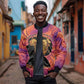Léopold Sédar Senghor Bomber Jacket Femme Noire Silhouette with Africa Map Pattern Vibrant Swirl Background - African Pride