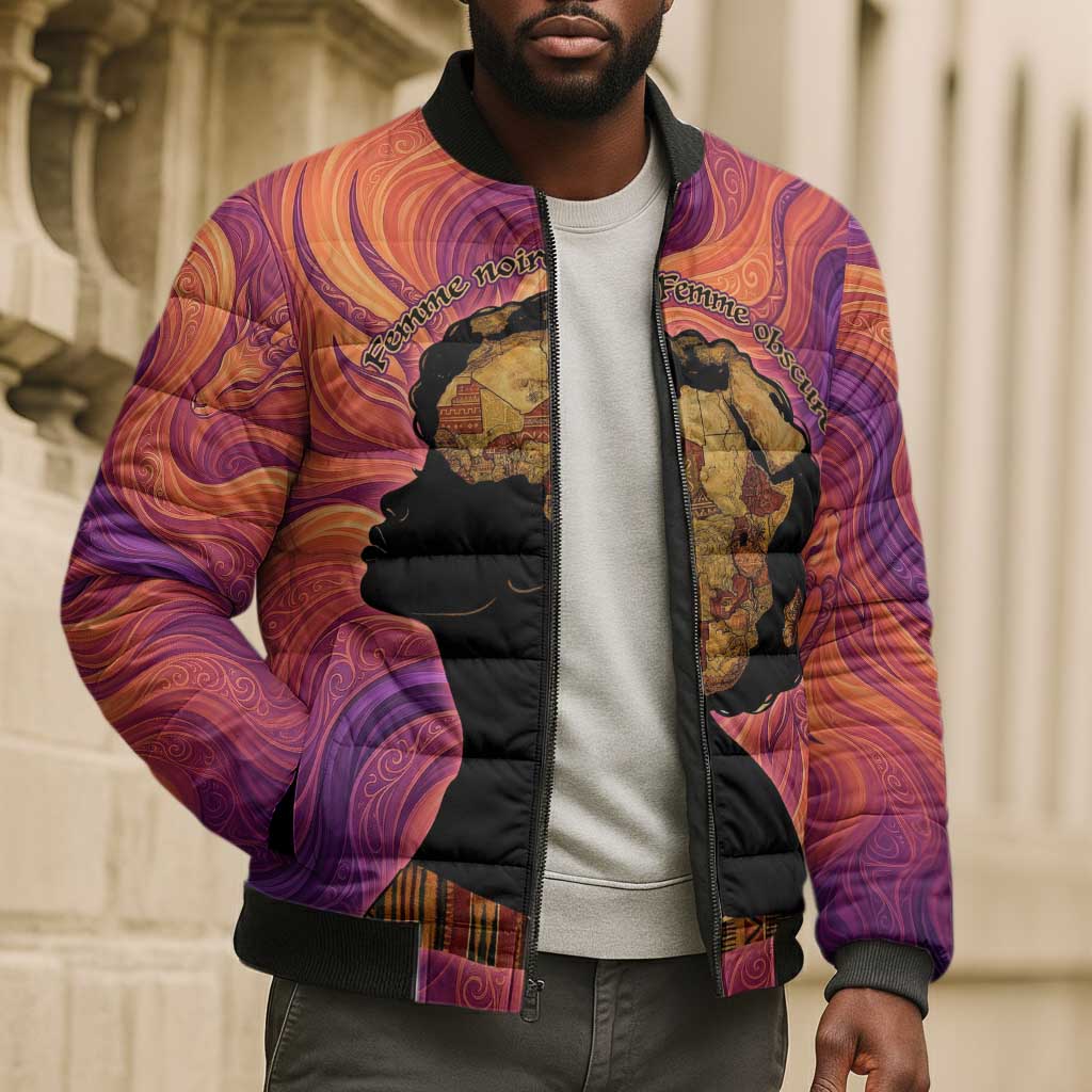 Léopold Sédar Senghor Bomber Puffer Jacket Femme Noire Silhouette with Africa Map Pattern Vibrant Swirl Background - African Pride