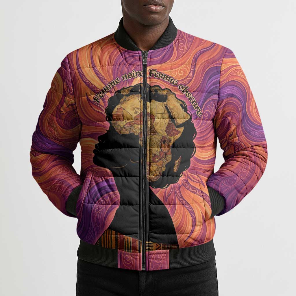 Léopold Sédar Senghor Bomber Puffer Jacket Femme Noire Silhouette with Africa Map Pattern Vibrant Swirl Background - African Pride