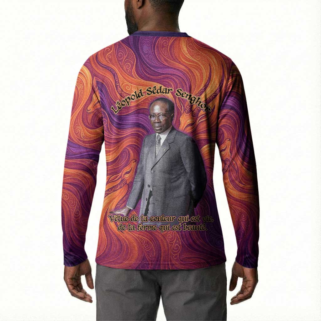 Léopold Sédar Senghor Button Sweatshirt Femme Noire Silhouette with Africa Map Pattern Vibrant Swirl Background