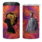 Léopold Sédar Senghor 4 in 1 Can Cooler Tumbler Femme Noire Silhouette with Africa Map Pattern Vibrant Swirl Background - African Pride