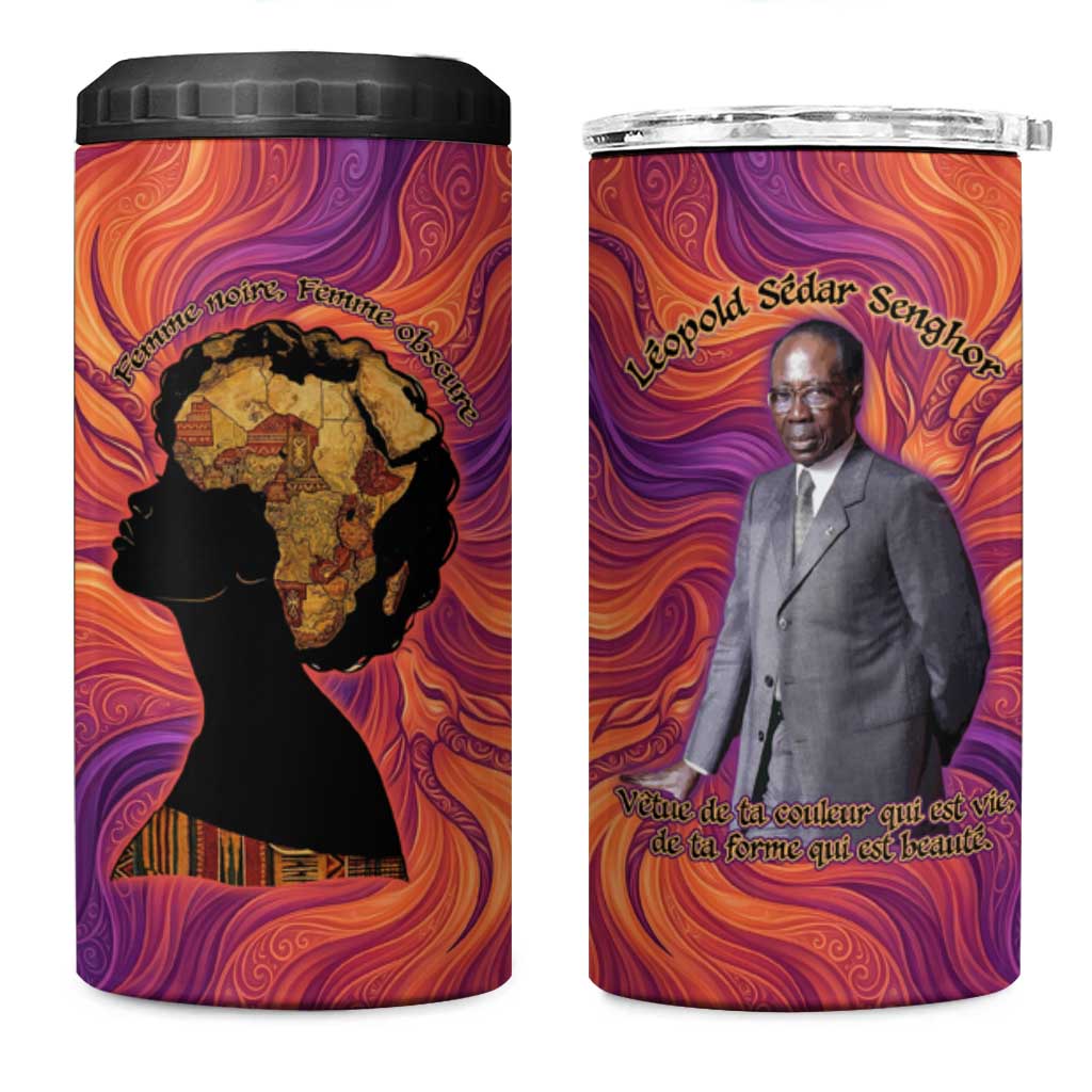Léopold Sédar Senghor 4 in 1 Can Cooler Tumbler Femme Noire Silhouette with Africa Map Pattern Vibrant Swirl Background - African Pride