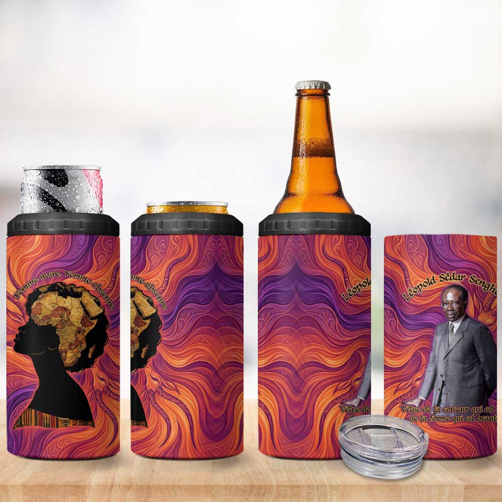 Léopold Sédar Senghor 4 in 1 Can Cooler Tumbler Femme Noire Silhouette with Africa Map Pattern Vibrant Swirl Background - African Pride