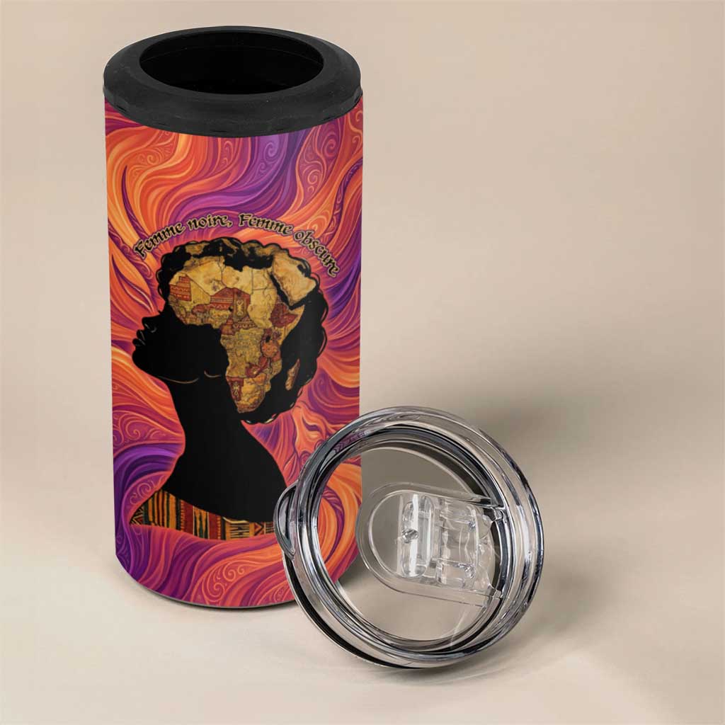 Léopold Sédar Senghor 4 in 1 Can Cooler Tumbler Femme Noire Silhouette with Africa Map Pattern Vibrant Swirl Background - African Pride