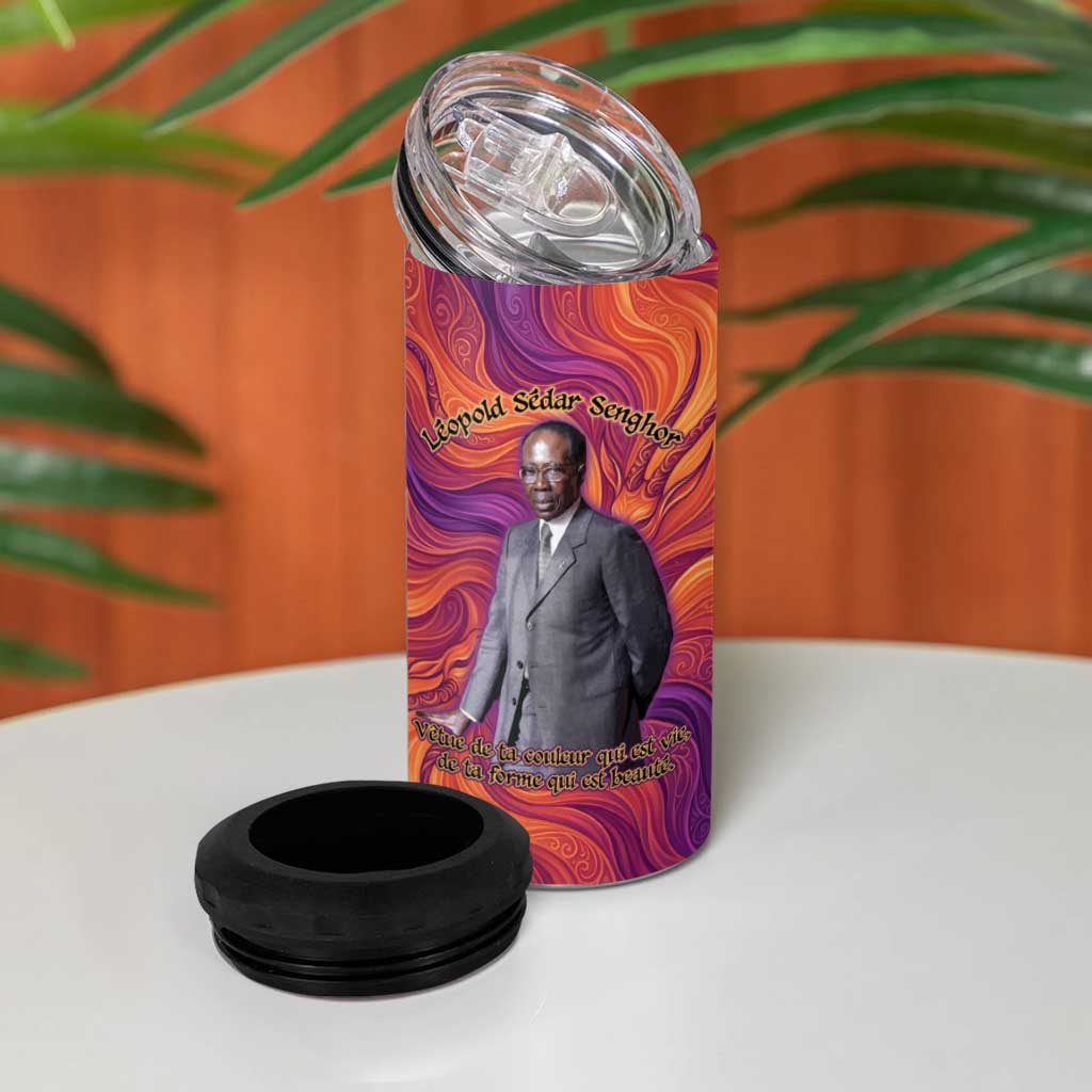 Léopold Sédar Senghor 4 in 1 Can Cooler Tumbler Femme Noire Silhouette with Africa Map Pattern Vibrant Swirl Background - African Pride