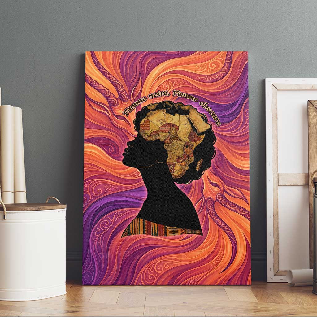 Léopold Sédar Senghor Canvas Wall Art Femme Noire Silhouette with Africa Map Pattern Vibrant Swirl Background - African Pride