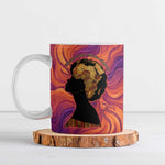 Léopold Sédar Senghor Ceramic Mug Femme Noire Silhouette with Africa Map Pattern Vibrant Swirl Background - African Pride