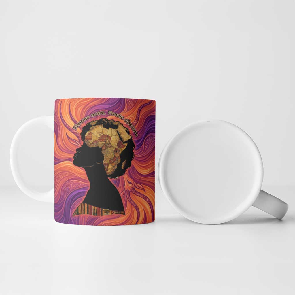 Léopold Sédar Senghor Ceramic Mug Femme Noire Silhouette with Africa Map Pattern Vibrant Swirl Background - African Pride