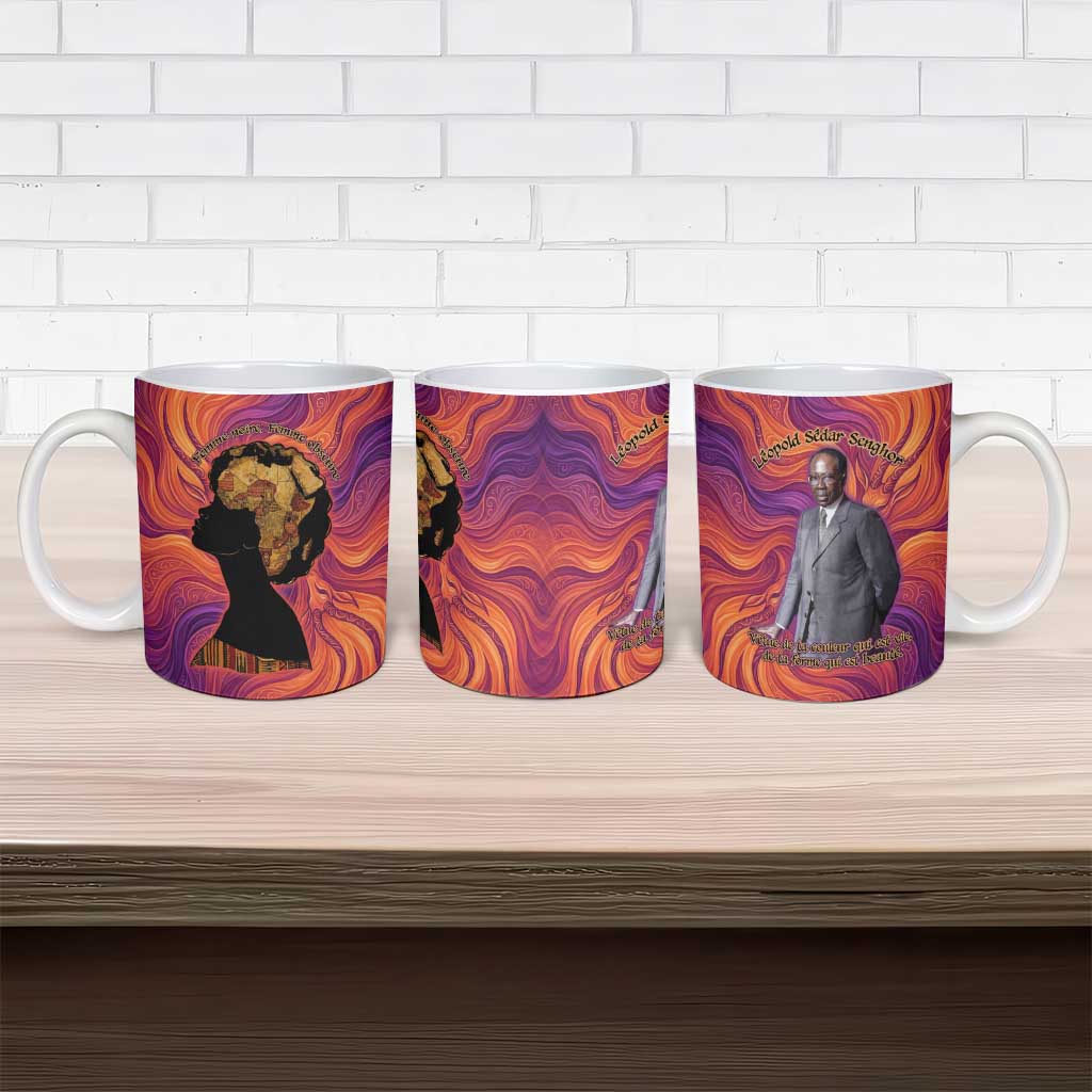 Léopold Sédar Senghor Ceramic Mug Femme Noire Silhouette with Africa Map Pattern Vibrant Swirl Background - African Pride