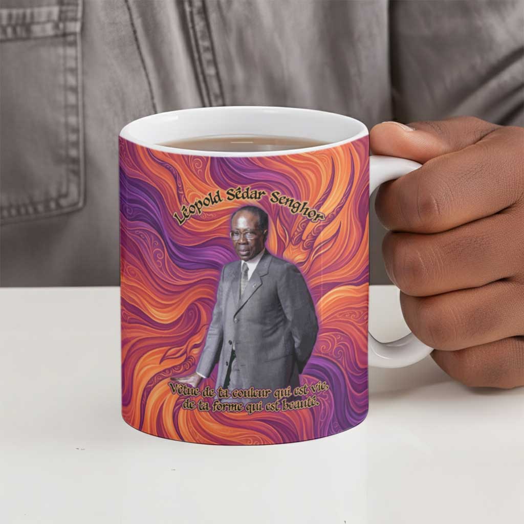 Léopold Sédar Senghor Ceramic Mug Femme Noire Silhouette with Africa Map Pattern Vibrant Swirl Background - African Pride