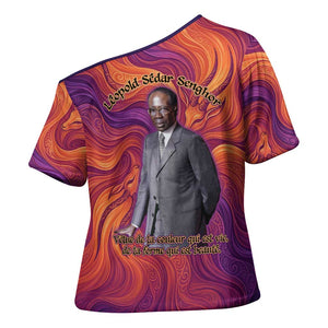 Léopold Sédar Senghor Cross Shoulder Shirt Femme Noire Silhouette with Africa Map Pattern Vibrant Swirl Background - African Pride