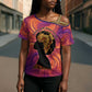 Léopold Sédar Senghor Cross Shoulder Shirt Femme Noire Silhouette with Africa Map Pattern Vibrant Swirl Background - African Pride