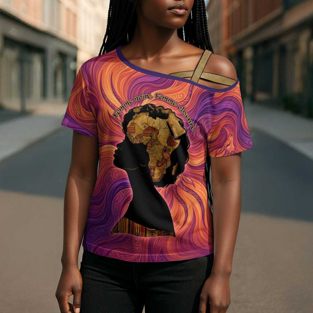 Léopold Sédar Senghor Cross Shoulder Shirt Femme Noire Silhouette with Africa Map Pattern Vibrant Swirl Background - African Pride