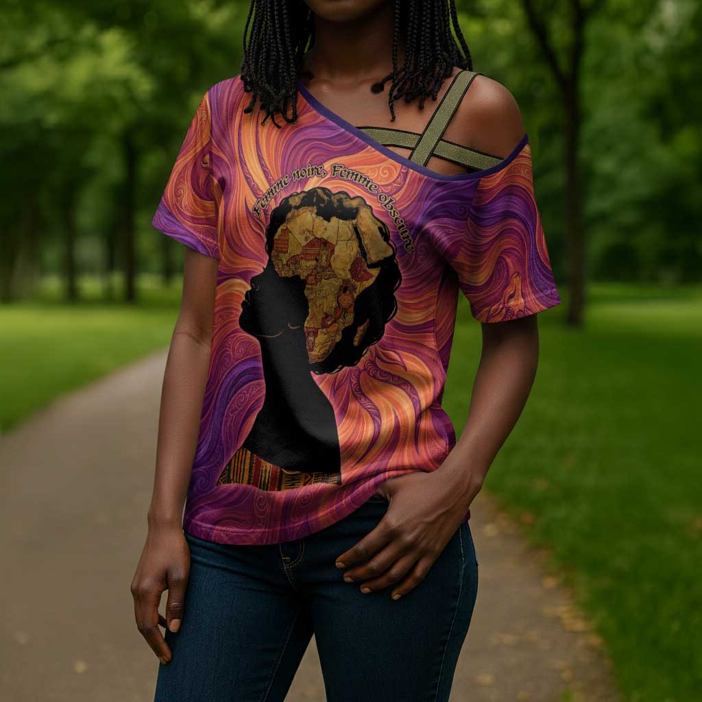 Léopold Sédar Senghor Cross Shoulder Shirt Femme Noire Silhouette with Africa Map Pattern Vibrant Swirl Background - African Pride