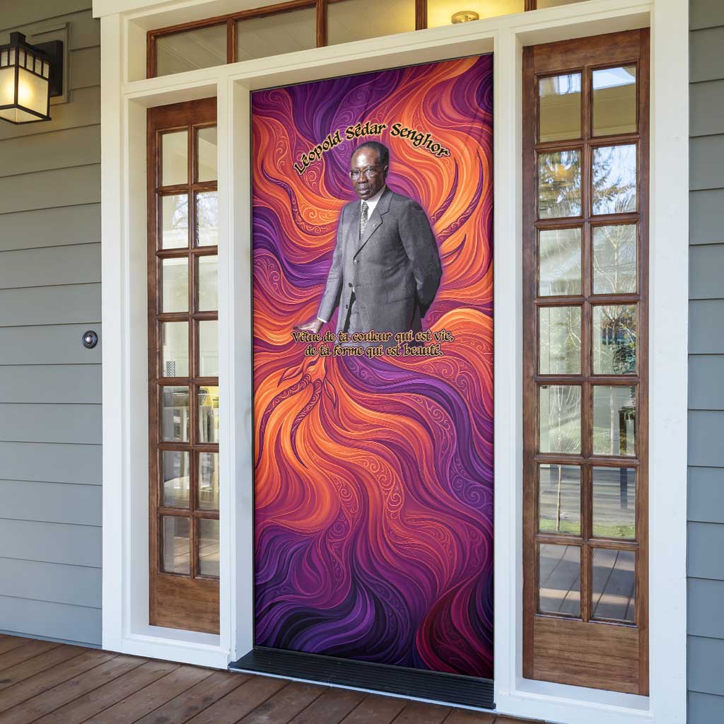 Léopold Sédar Senghor Door Cover Femme Noire Silhouette with Africa Map Pattern Vibrant Swirl Background - African Pride