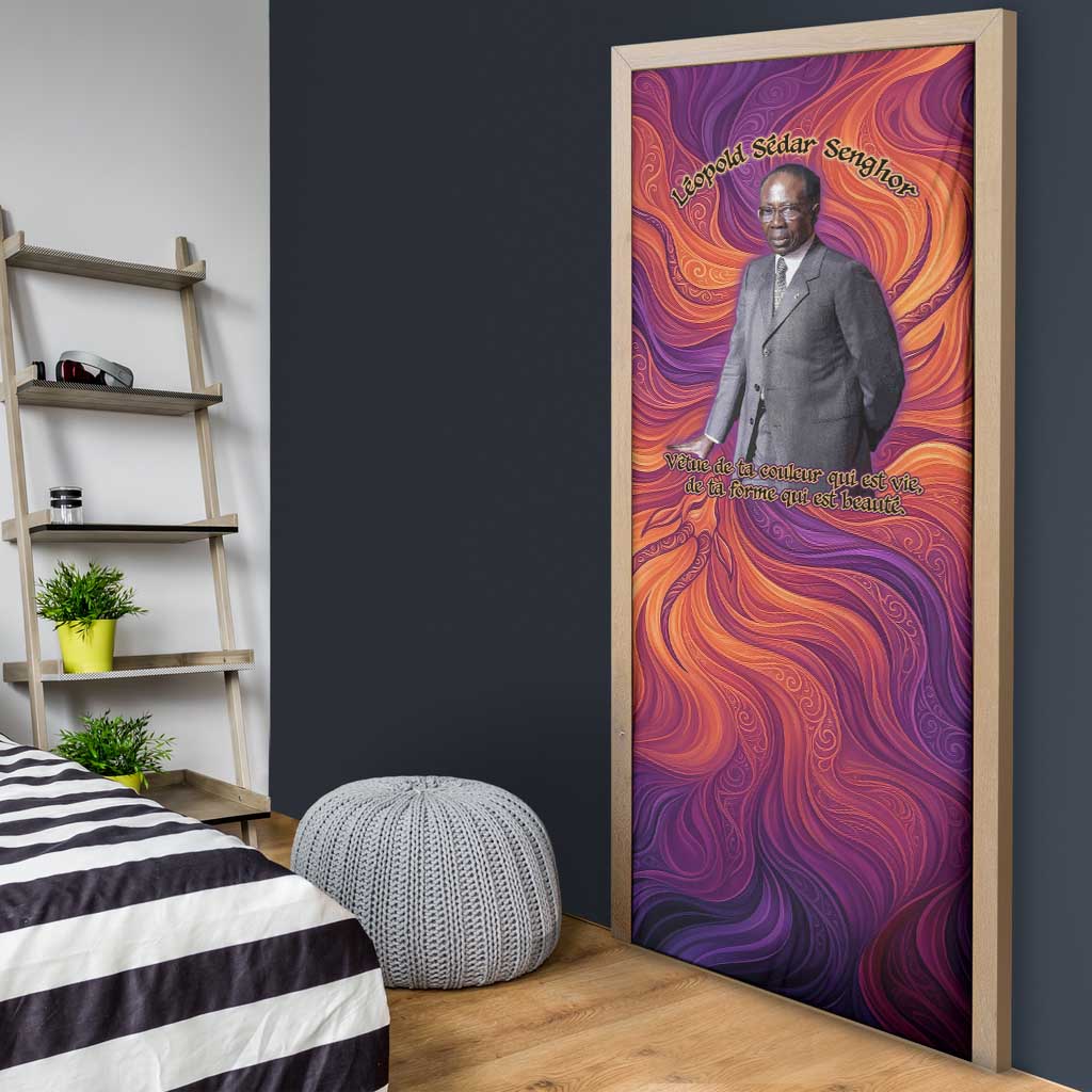 Léopold Sédar Senghor Door Cover Femme Noire Silhouette with Africa Map Pattern Vibrant Swirl Background - African Pride