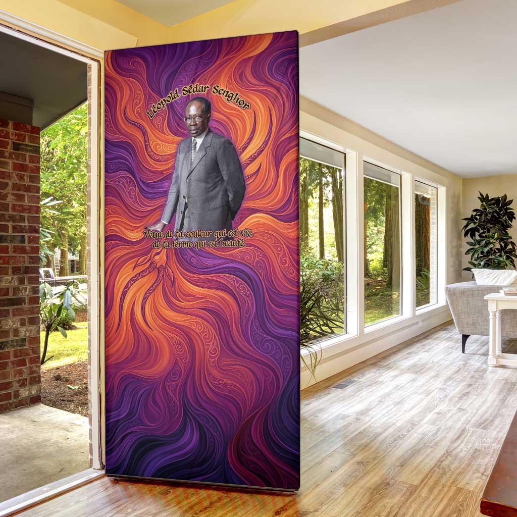 Léopold Sédar Senghor Door Cover Femme Noire Silhouette with Africa Map Pattern Vibrant Swirl Background - African Pride