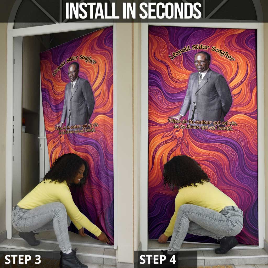 Léopold Sédar Senghor Door Cover Femme Noire Silhouette with Africa Map Pattern Vibrant Swirl Background - African Pride
