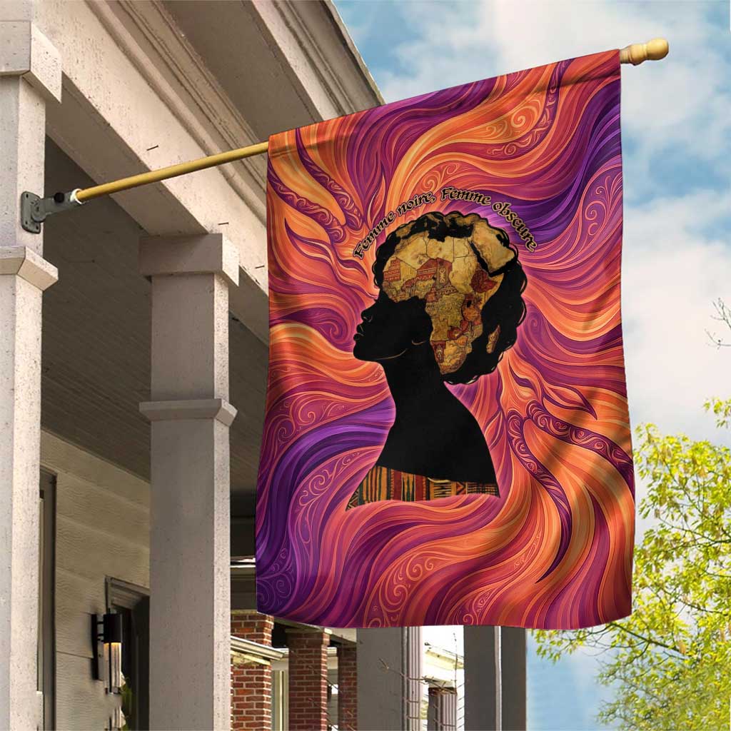 Léopold Sédar Senghor Garden Flag Femme Noire Silhouette with Africa Map Pattern Vibrant Swirl Background - African Pride