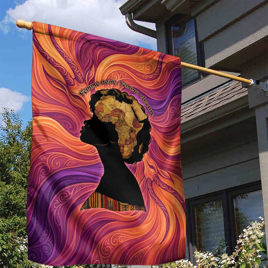 Léopold Sédar Senghor Garden Flag Femme Noire Silhouette with Africa Map Pattern Vibrant Swirl Background - African Pride
