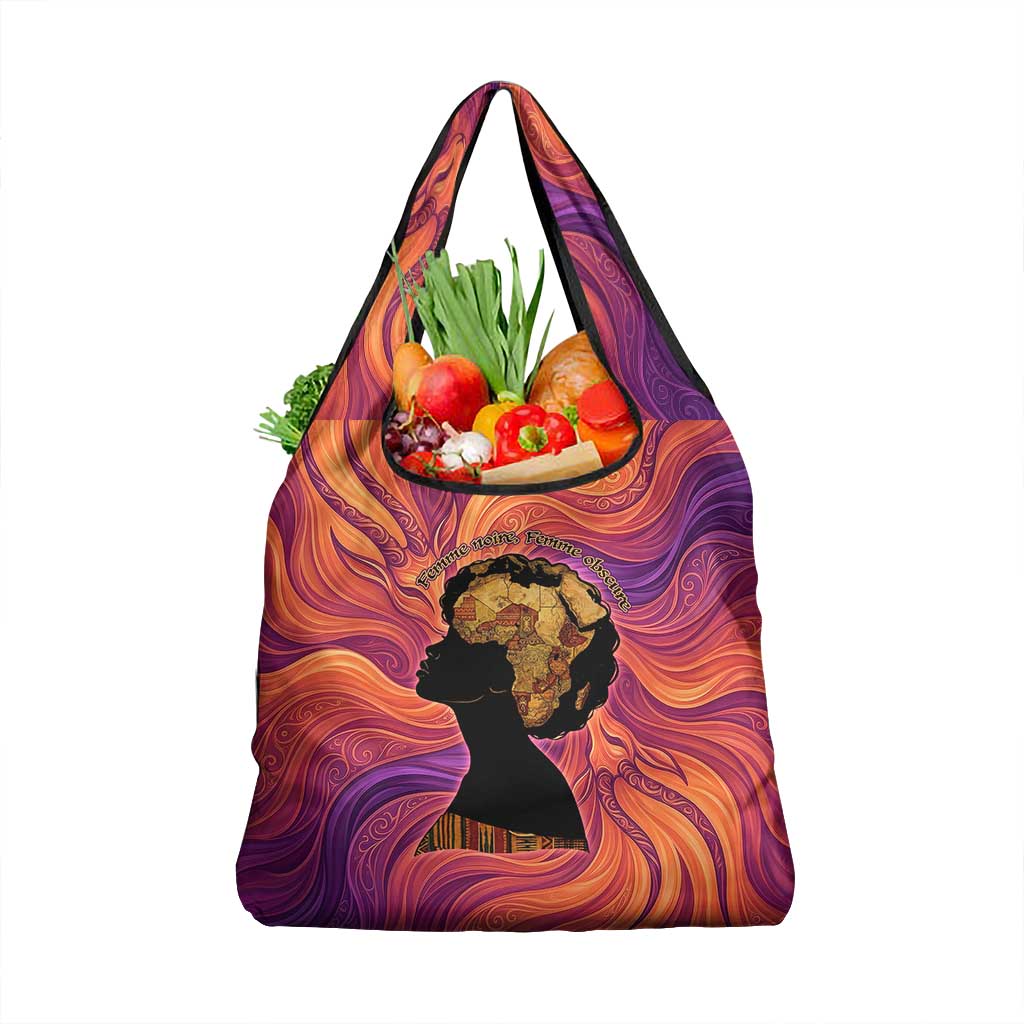 Léopold Sédar Senghor Grocery Bag Femme Noire Silhouette with Africa Map Pattern Vibrant Swirl Background - African Pride