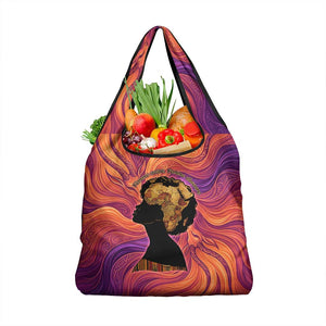 Léopold Sédar Senghor Grocery Bag Femme Noire Silhouette with Africa Map Pattern Vibrant Swirl Background - African Pride
