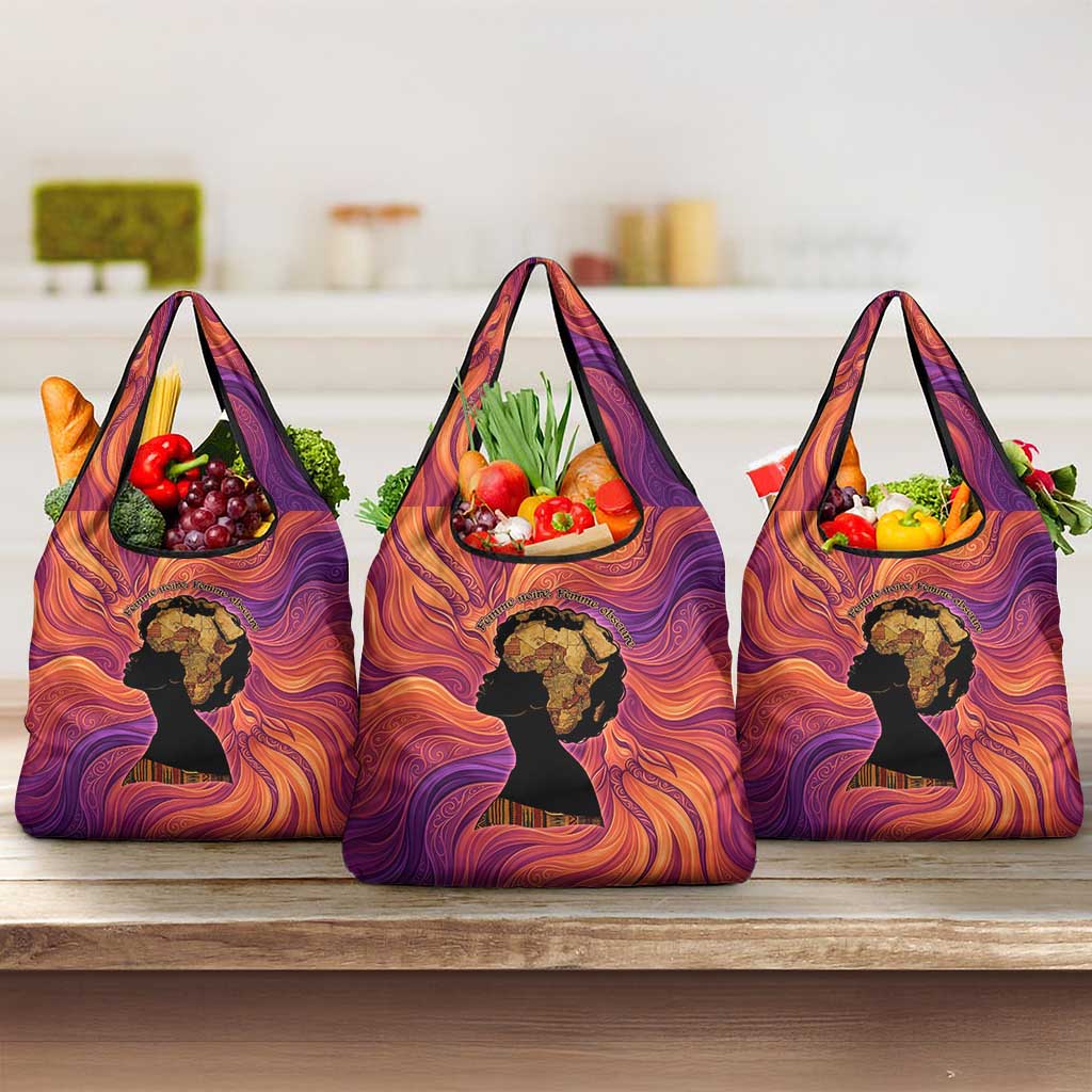 Léopold Sédar Senghor Grocery Bag Femme Noire Silhouette with Africa Map Pattern Vibrant Swirl Background - African Pride