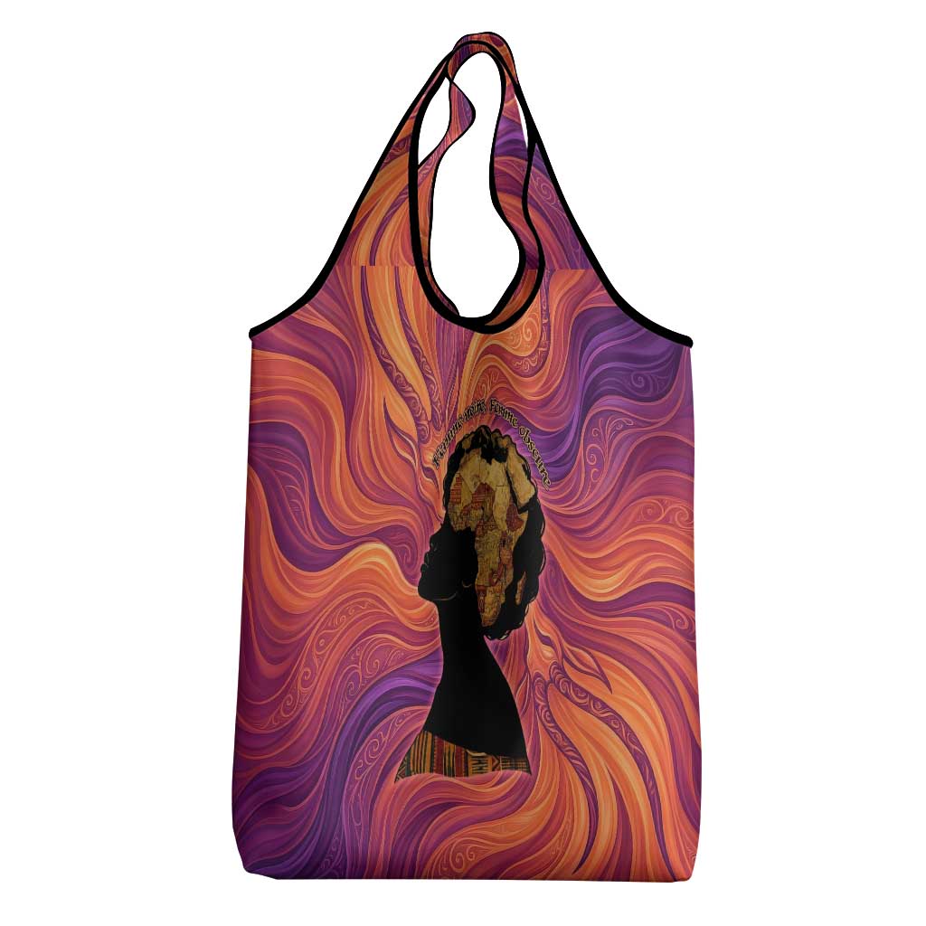 Léopold Sédar Senghor Grocery Bag Femme Noire Silhouette with Africa Map Pattern Vibrant Swirl Background - African Pride