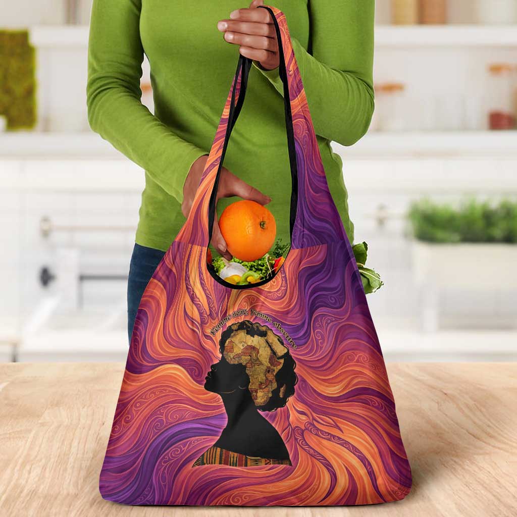 Léopold Sédar Senghor Grocery Bag Femme Noire Silhouette with Africa Map Pattern Vibrant Swirl Background - African Pride