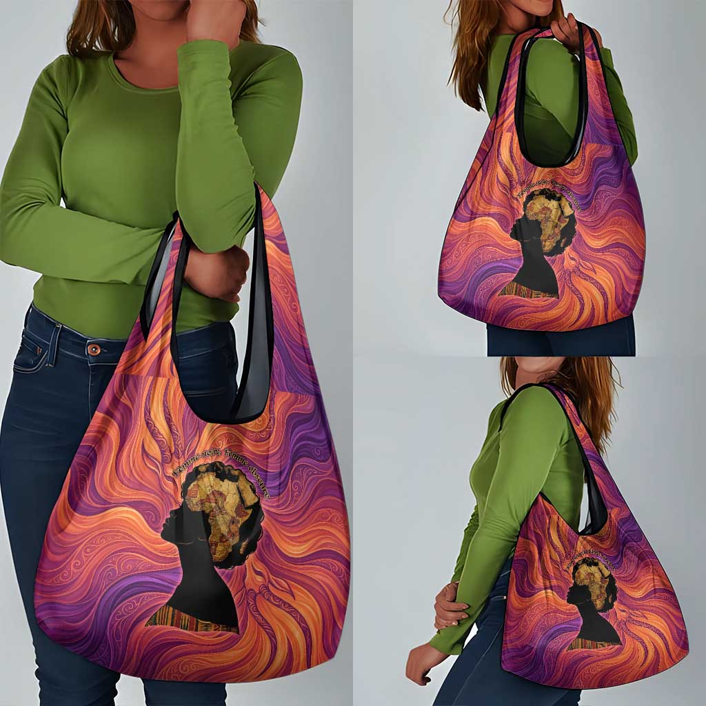 Léopold Sédar Senghor Grocery Bag Femme Noire Silhouette with Africa Map Pattern Vibrant Swirl Background - African Pride