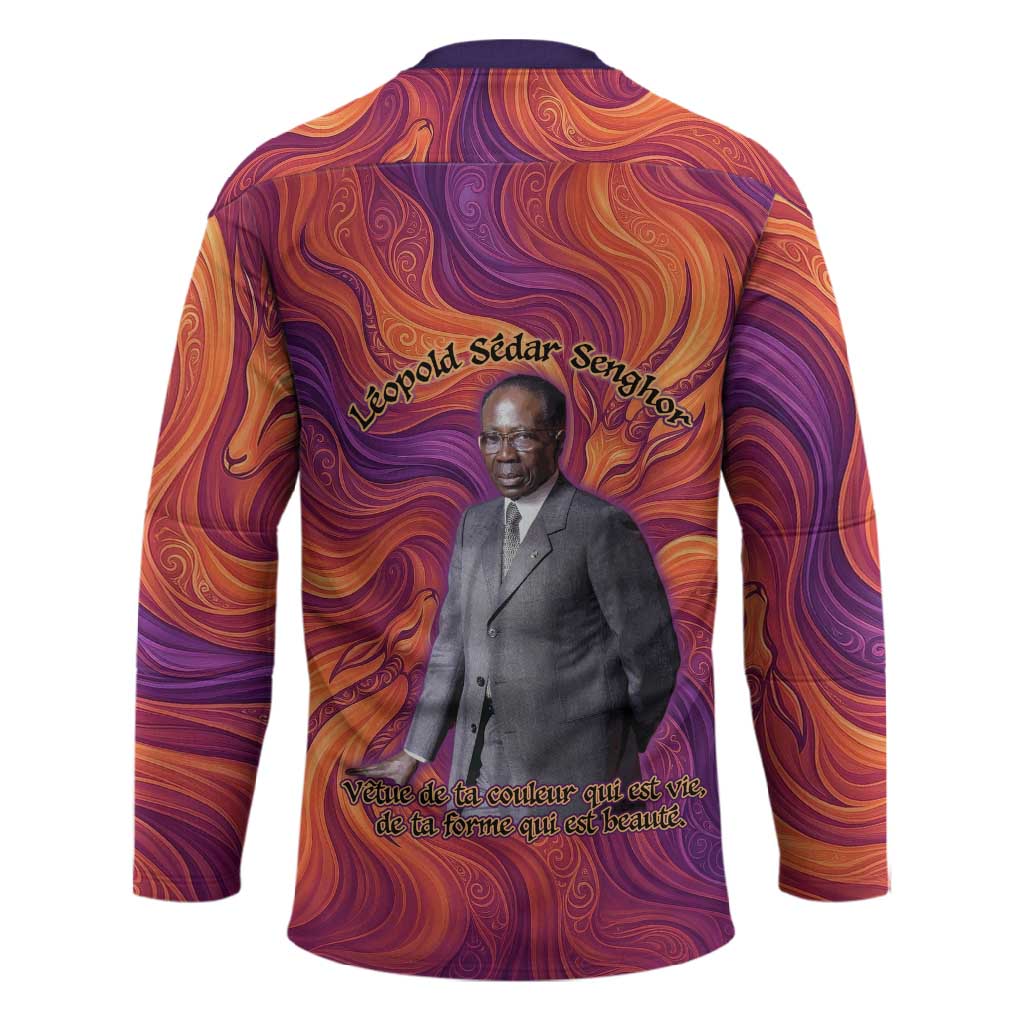 Léopold Sédar Senghor Hockey Jersey Femme Noire Silhouette with Africa Map Pattern Vibrant Swirl Background - African Pride