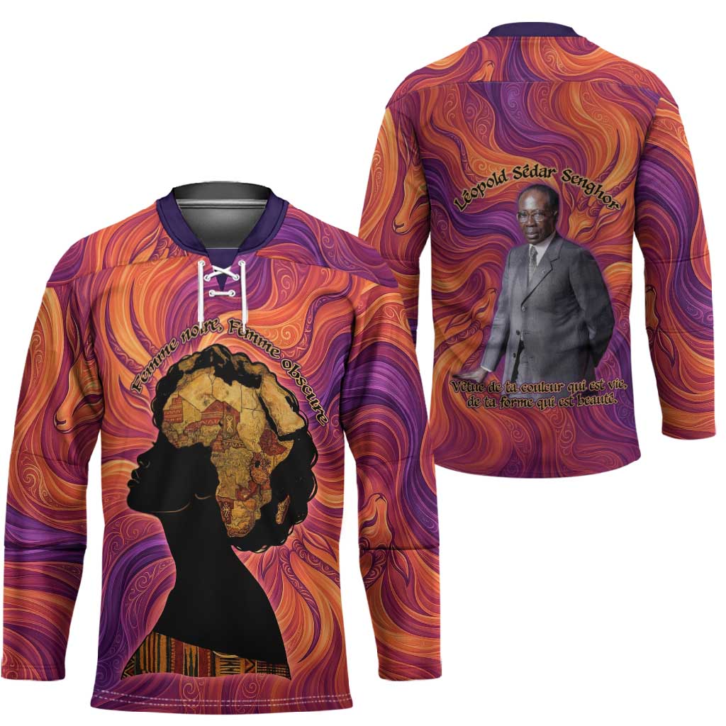 Léopold Sédar Senghor Hockey Jersey Femme Noire Silhouette with Africa Map Pattern Vibrant Swirl Background - African Pride
