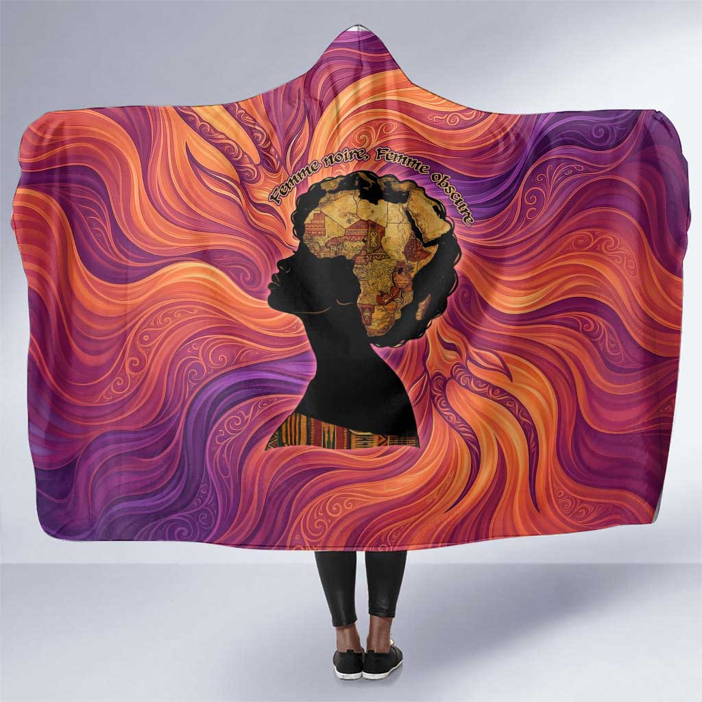 Léopold Sédar Senghor Hooded Blanket Femme Noire Silhouette with Africa Map Pattern Vibrant Swirl Background - African Pride