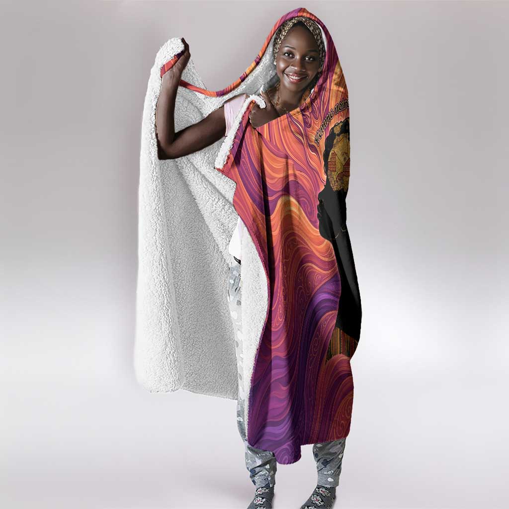 Léopold Sédar Senghor Hooded Blanket Femme Noire Silhouette with Africa Map Pattern Vibrant Swirl Background - African Pride