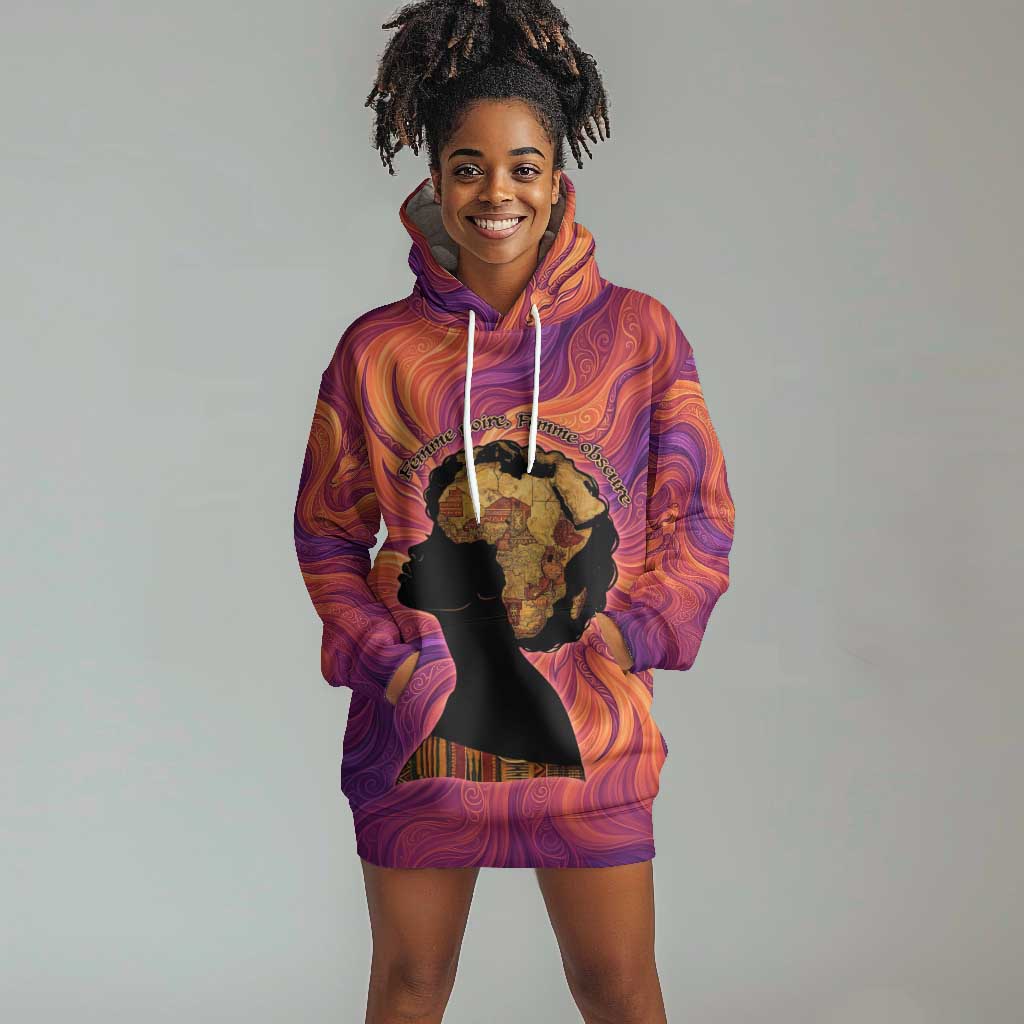 Léopold Sédar Senghor Hoodie Dress Femme Noire Silhouette with Africa Map Pattern Vibrant Swirl Background - African Pride