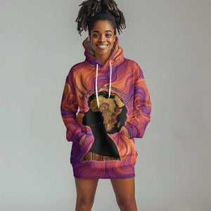 Léopold Sédar Senghor Hoodie Dress Femme Noire Silhouette with Africa Map Pattern Vibrant Swirl Background - African Pride