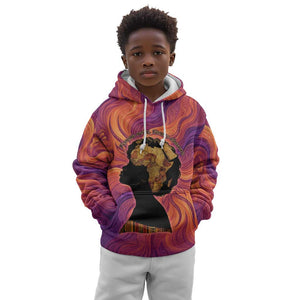 Léopold Sédar Senghor Kid Hoodie Femme Noire Silhouette with Africa Map Pattern Vibrant Swirl Background - African Pride