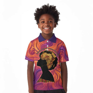 Léopold Sédar Senghor Kid Polo Shirt Femme Noire Silhouette with Africa Map Pattern Vibrant Swirl Background - African Pride