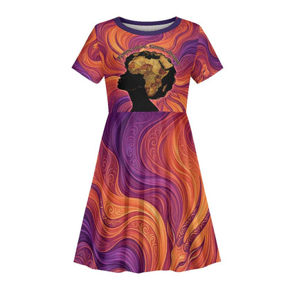 Léopold Sédar Senghor Kid Short Sleeve Dress Femme Noire Silhouette with Africa Map Pattern Vibrant Swirl Background - African Pride