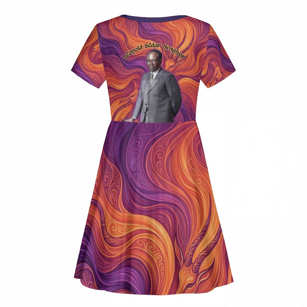 Léopold Sédar Senghor Kid Short Sleeve Dress Femme Noire Silhouette with Africa Map Pattern Vibrant Swirl Background - African Pride