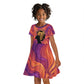 Léopold Sédar Senghor Kid Short Sleeve Dress Femme Noire Silhouette with Africa Map Pattern Vibrant Swirl Background - African Pride