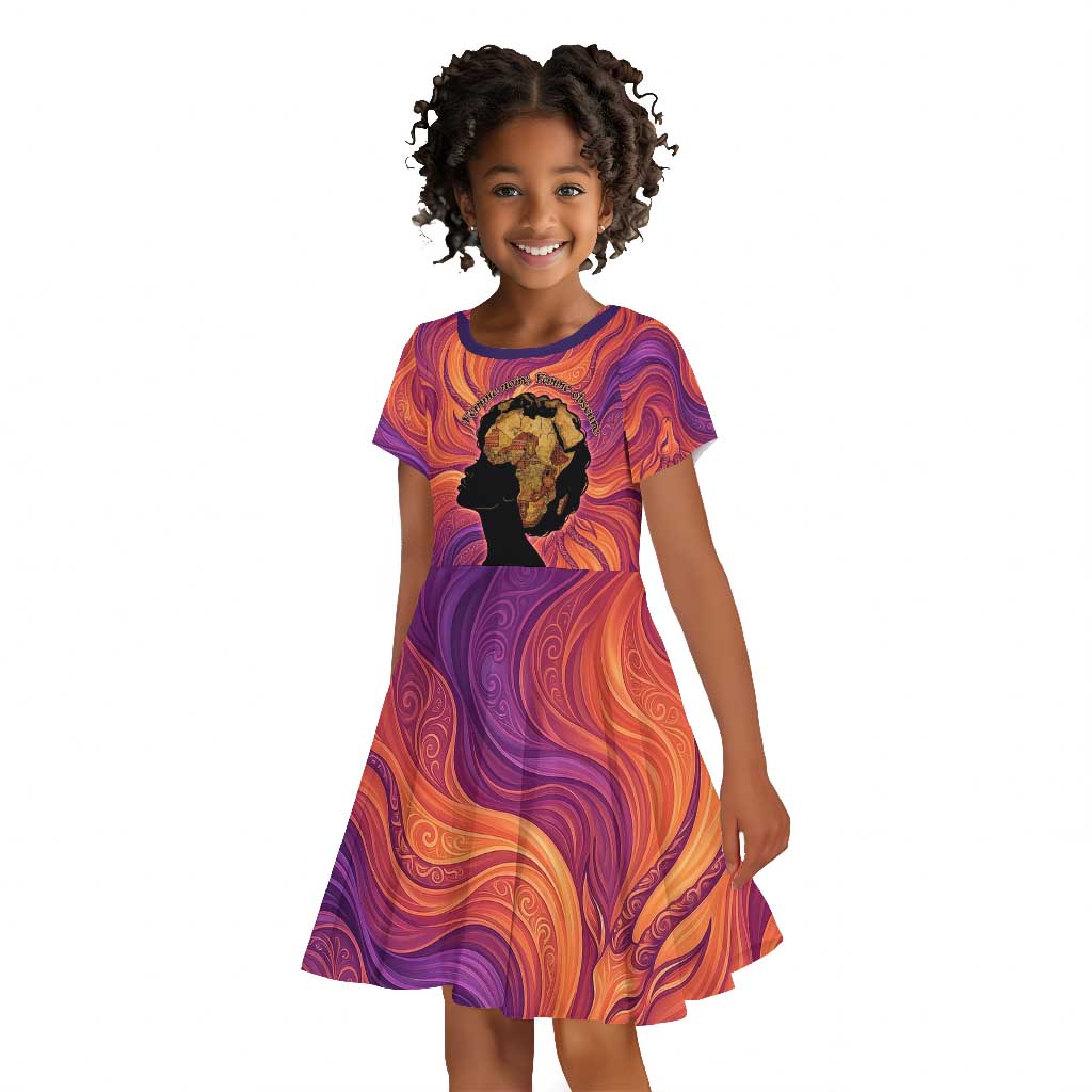 Léopold Sédar Senghor Kid Short Sleeve Dress Femme Noire Silhouette with Africa Map Pattern Vibrant Swirl Background - African Pride