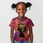 Léopold Sédar Senghor Kid T shirt Femme Noire Silhouette with Africa Map Pattern Vibrant Swirl Background - African Pride