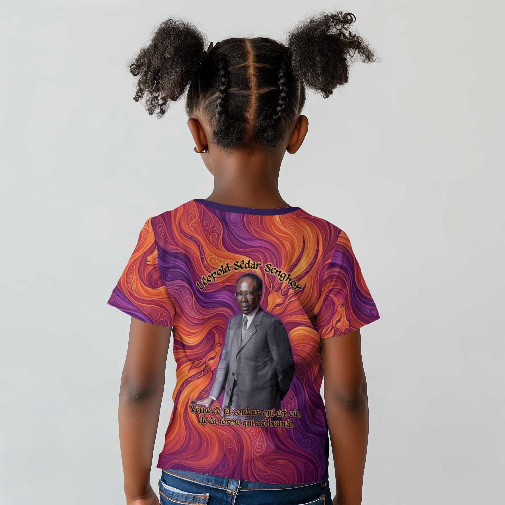 Léopold Sédar Senghor Kid T shirt Femme Noire Silhouette with Africa Map Pattern Vibrant Swirl Background - African Pride