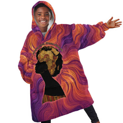 Léopold Sédar Senghor Kid Wearable Blanket Hoodie Femme Noire Silhouette with Africa Map Pattern Vibrant Swirl Background - African Pride
