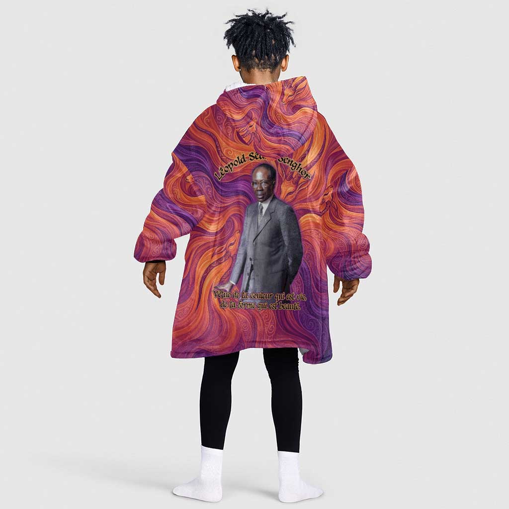 Léopold Sédar Senghor Kid Wearable Blanket Hoodie Femme Noire Silhouette with Africa Map Pattern Vibrant Swirl Background - African Pride