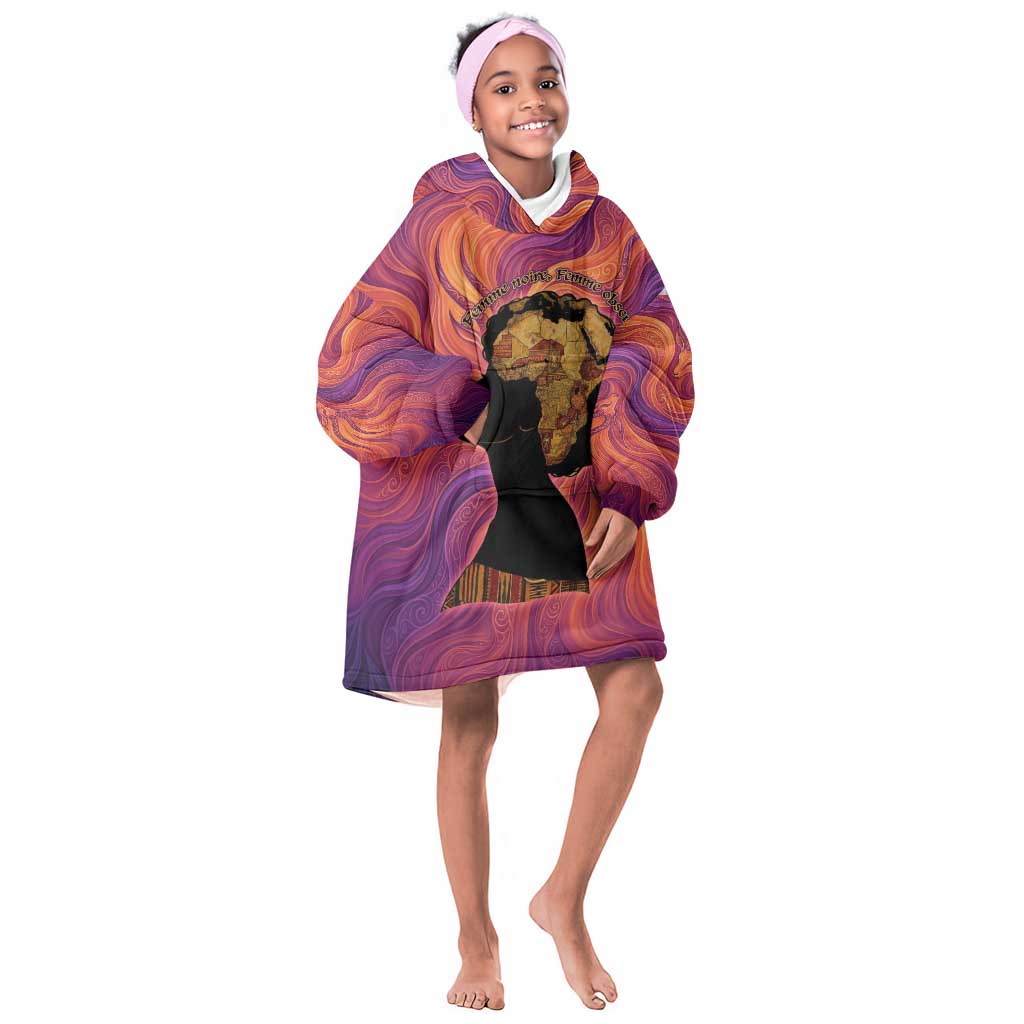 Léopold Sédar Senghor Kid Wearable Blanket Hoodie Femme Noire Silhouette with Africa Map Pattern Vibrant Swirl Background - African Pride