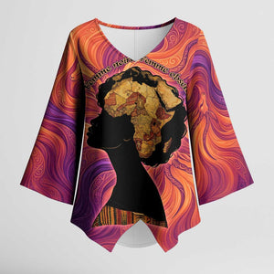 Léopold Sédar Senghor Kimono Sleeve Blouse Femme Noire Silhouette with Africa Map Pattern Vibrant Swirl Background - African Pride