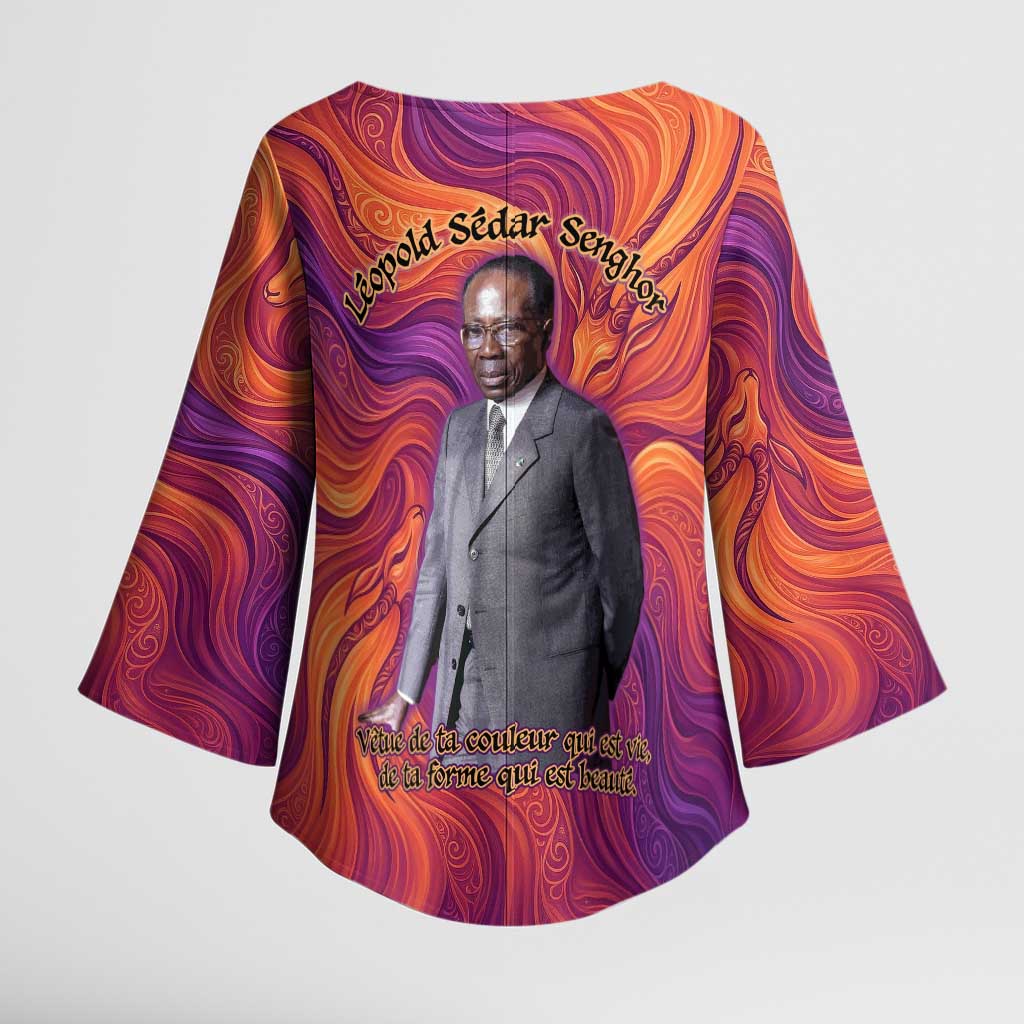 Léopold Sédar Senghor Kimono Sleeve Blouse Femme Noire Silhouette with Africa Map Pattern Vibrant Swirl Background - African Pride