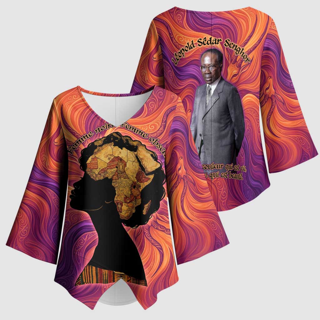 Léopold Sédar Senghor Kimono Sleeve Blouse Femme Noire Silhouette with Africa Map Pattern Vibrant Swirl Background - African Pride